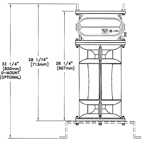LIEX 710/051 fog signal elevation drawing: 26-1/4 in (667 mm) body, 28-1/16 in (713 mm), 32-1/4 in (820 mm) with optional U-mount