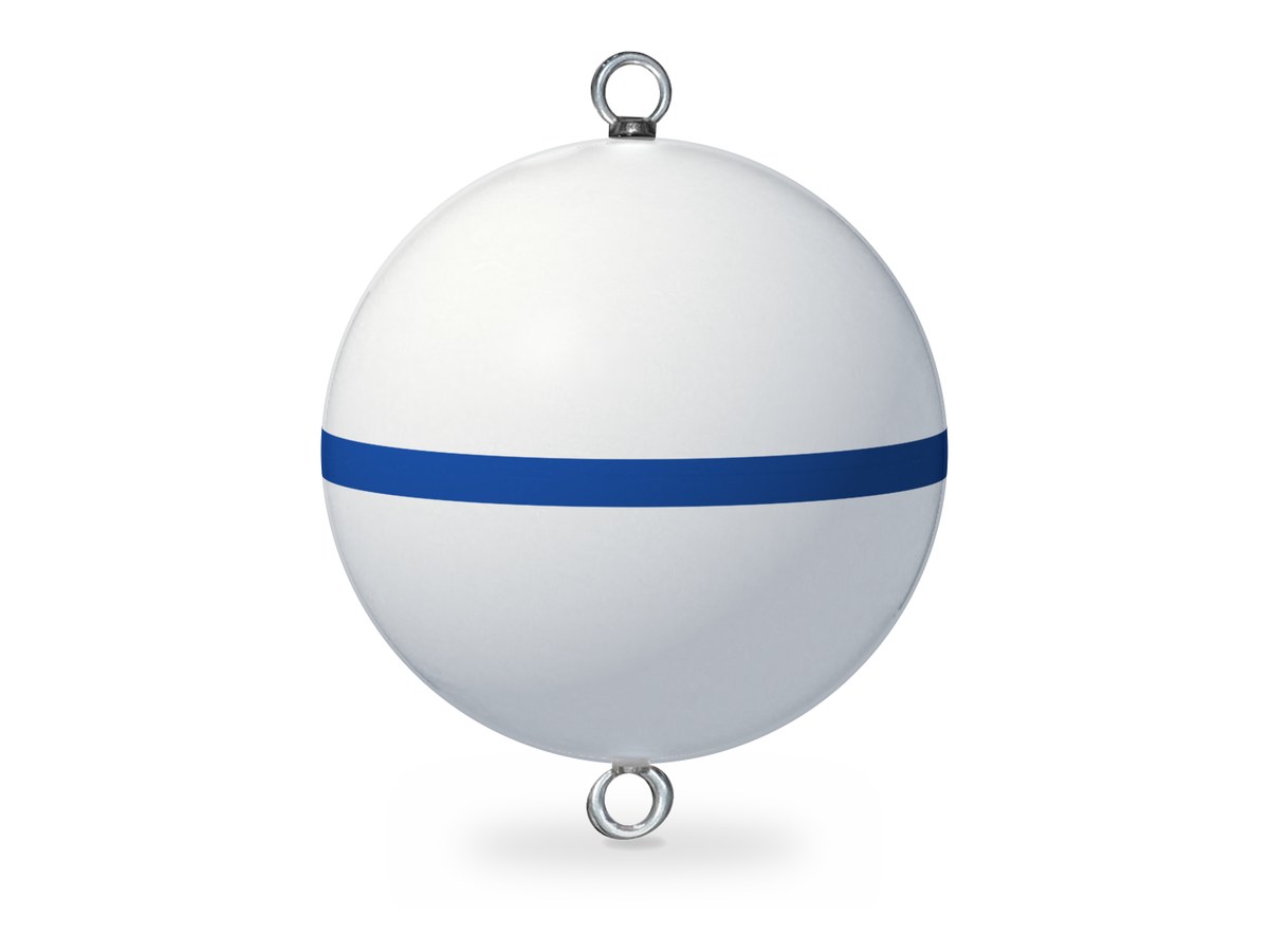 Foam-filled poly mooring buoy, white with blue band, eyes top and bottom